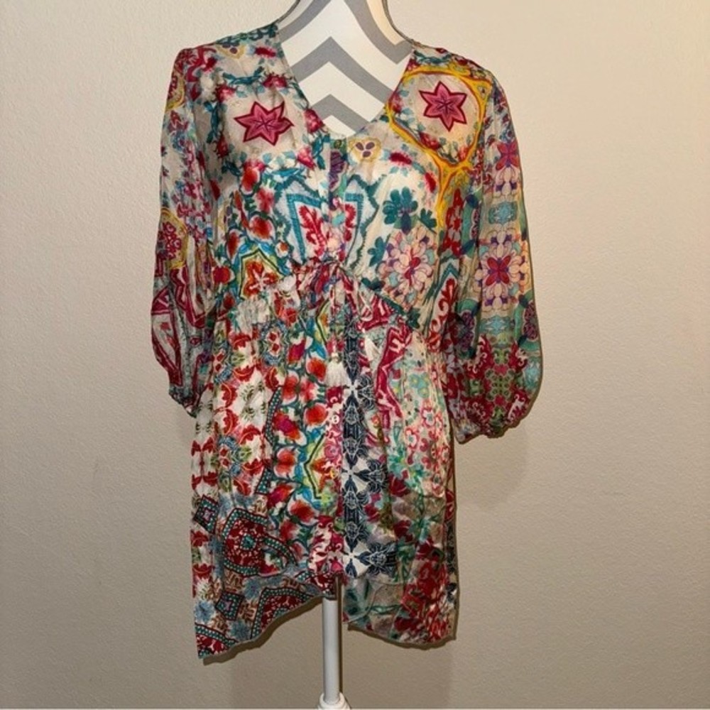 NWT Johnny Was Top Multicolor Floral Starfish V Neck Button Down Tunic Top S